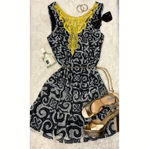 DESIGUAL Navy Abstract Print Dress Yellow Beaded Lace EU 36 US 4